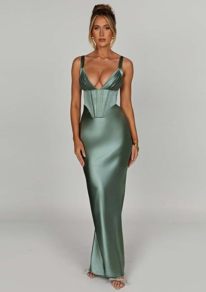 Lux Satin Deep Neck Dress - Color Theory | Cool-mint-green