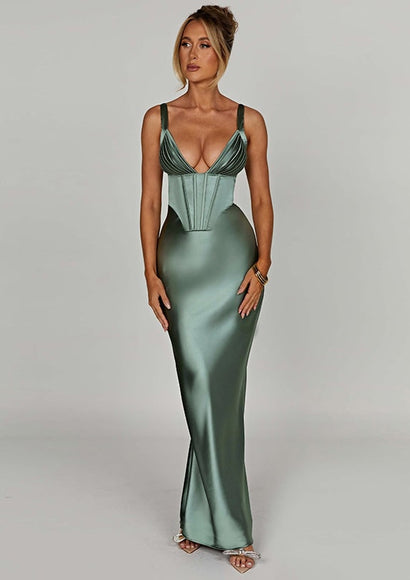 Lux Satin Deep Neck Dress - Color Theory | Cool-mint-green
