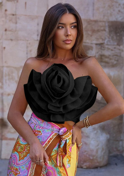 Rose Draped Organza Crop Top - Color Theory | Black