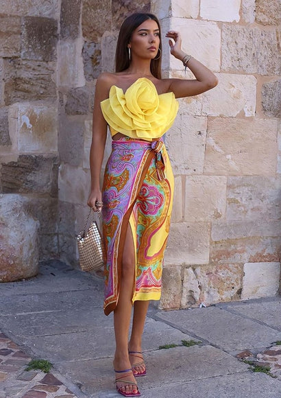 Rose Draped Organza Crop Top - Color Theory | Yellow
