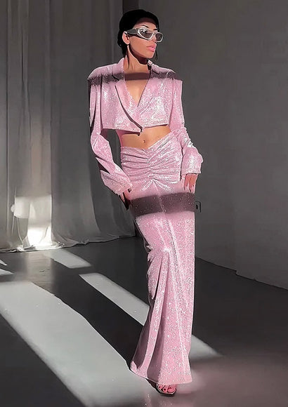 Glittery Cropped Blazer Skirt Co-ord Set - Color Theory | Pink
