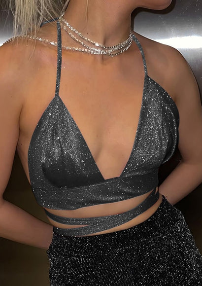 Shimmery Halter Neck Crop Top - Color Theory | Dark-grey