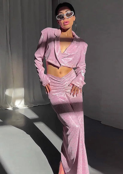 Glittery Cropped Blazer Skirt Co-ord Set - Color Theory | Pink