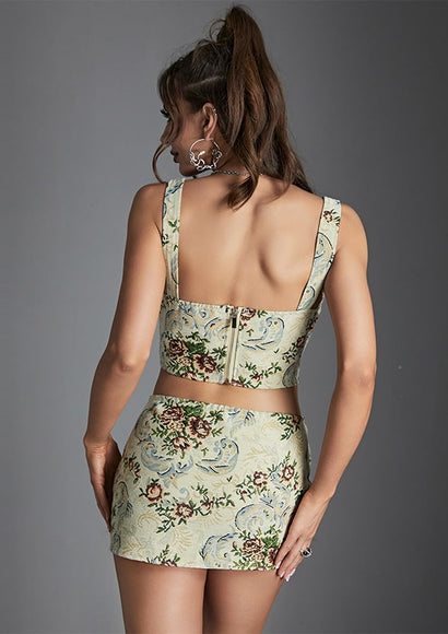 Vintage Jacquard Printed Co-ord Set - Color Theory | Light-green