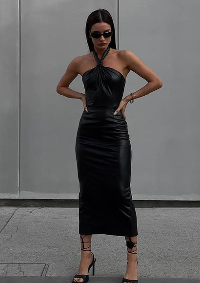 WIB Faux Leather Halter Neck Dress - Color Theory | Black
