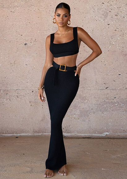 Knitted Crop Top & Maxi Skirt Set - Color Theory | Black