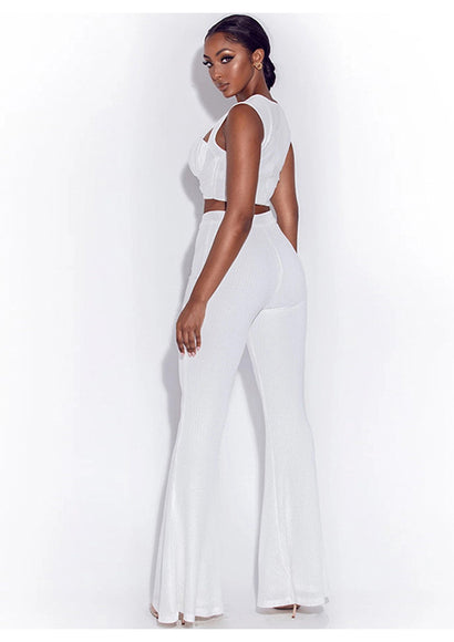 Knitted Solid Crop Tank Top and Trousers two Piece Suit - Color Theory | White