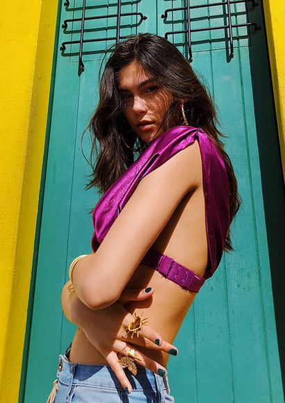 Asymmetric One-Shoulder Satin Crop Top - Color Theory | Magenta
