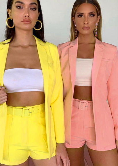 Solid Lapel Neck Blazer and Belted Shorts Set- Color Theory | Yellow
