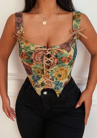 Vintage Printed Tie-up V Back Top - Color Theory | Yellow
