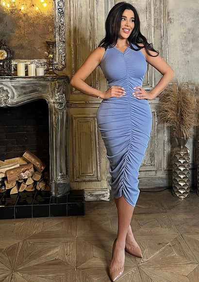 Chic Ruched Midi Dress - Color Theory | Light-blue