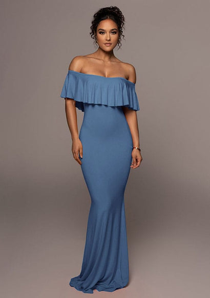 Ruffled Off-the-Shoulder Cocktail Dress - Color Theory | Blue