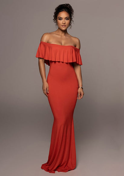 Ruffled Off-the-Shoulder Cocktail Dress - Color Theory | Red