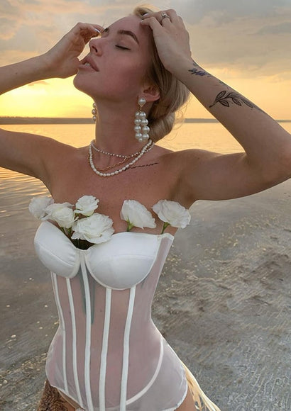 Back Tie-up Mesh Corset Top - Color Theory | White