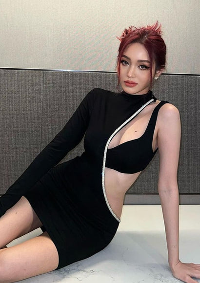 Stone Detail Single Sleeve Dress - Color Theory | Black