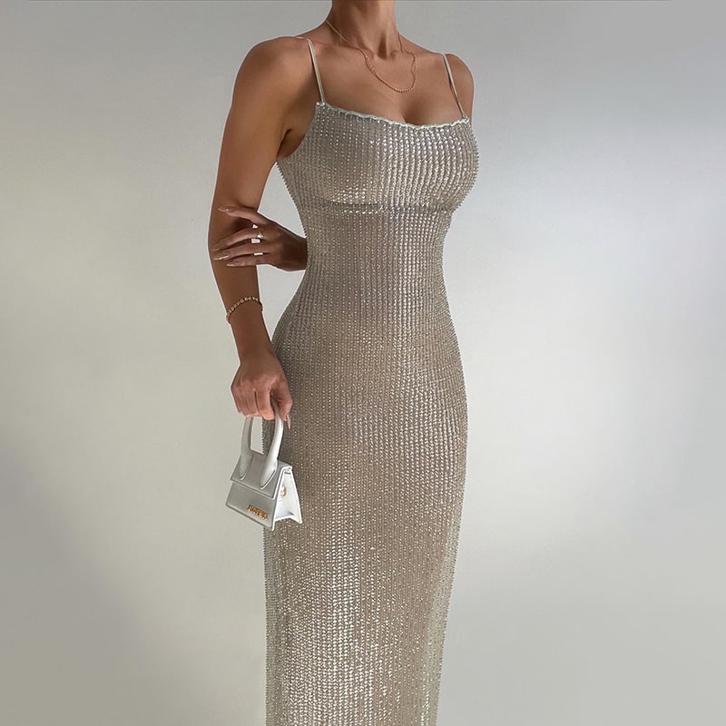 Sequin Long Cocktail Slip Dress - Color Theory | Beige