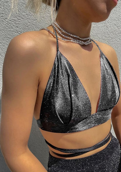 Shimmery Halter Neck Crop Top - Color Theory | Dark-grey