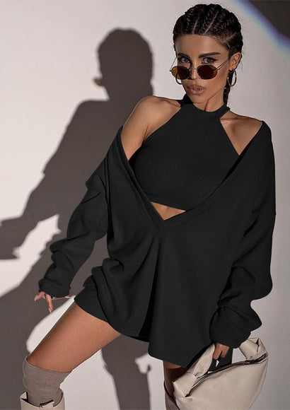 Drop Shoulder Oversized Sweatshirt and Vest - Color Theory | Black
