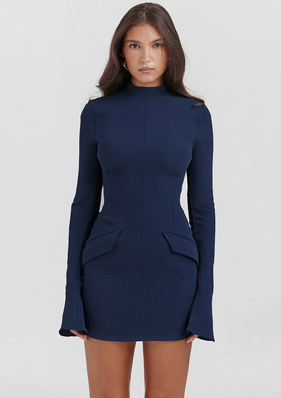 Regal High Neck Long Sleeved Dress - Color Theory | Navy-blue