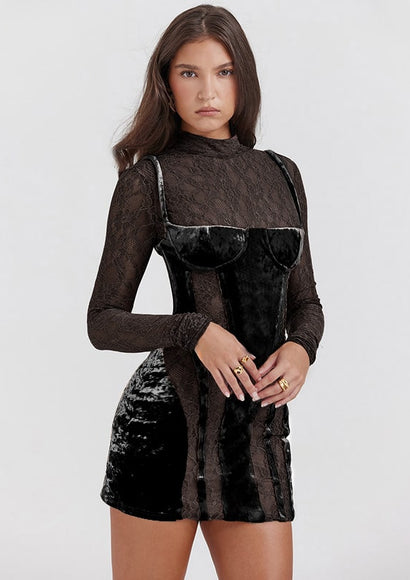 Velvet Lace Insert Party Dress - Color Theory | Black