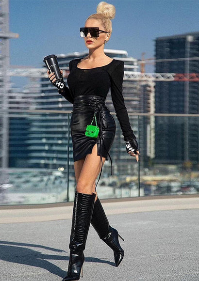 High Waist Lace Up PU Leather Skirt - Color Theory   