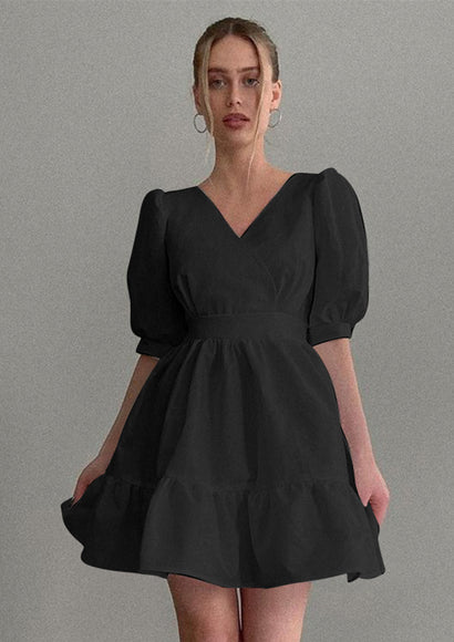 Puff Short Sleeve A-line Dress - Color Theory | Black