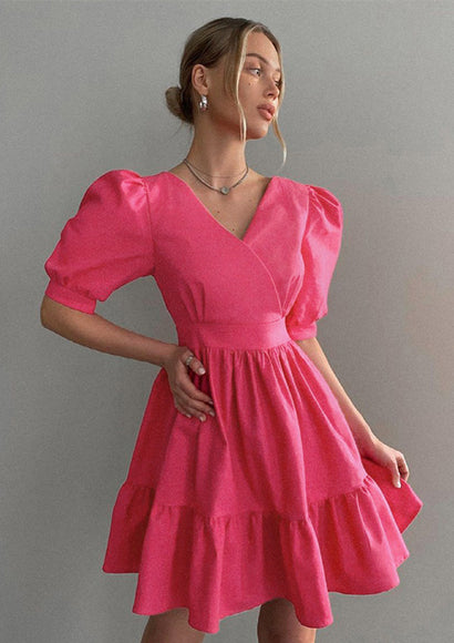 Puff Short Sleeve A-line Dress - Color Theory | Pink