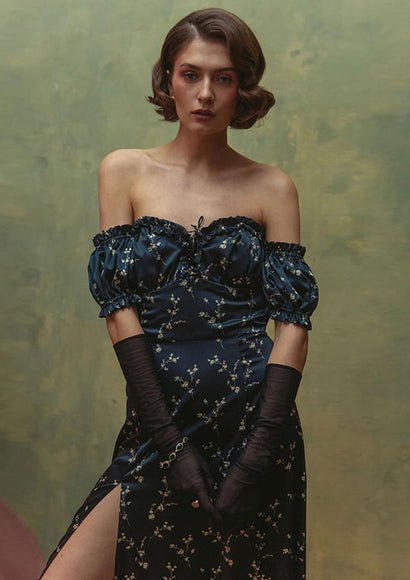 Floral Victorian Off-the-Shoulder French Dress - Color Theory | Black